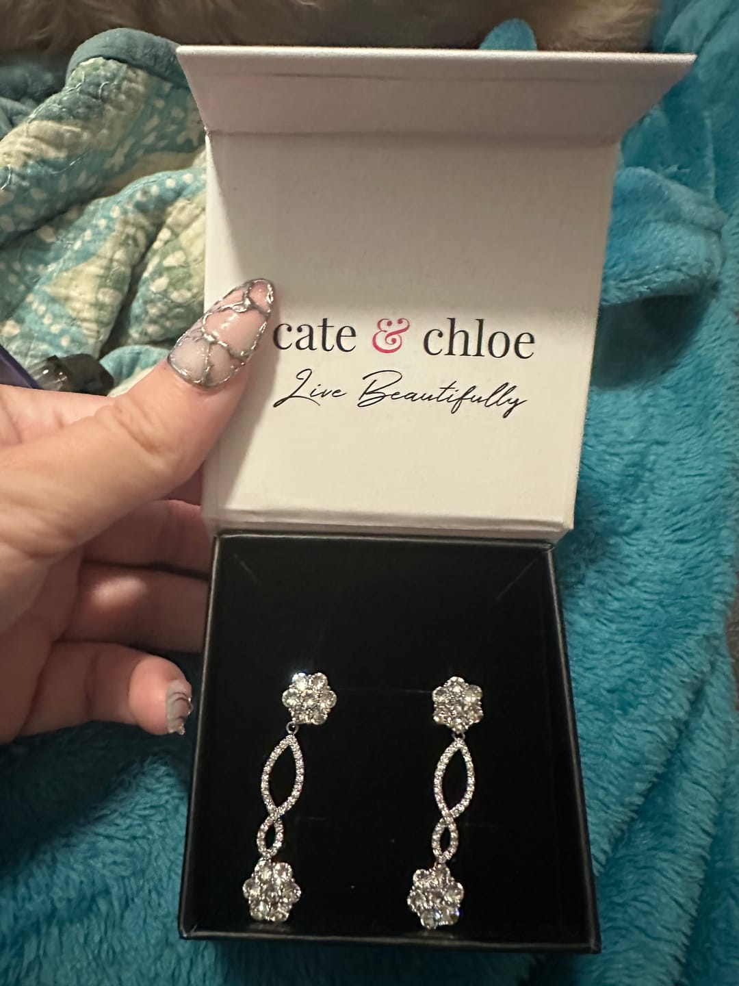 Customer photo review of Jessica 18k White Gold Plated Dangle Earrings with Swarovski Crystals