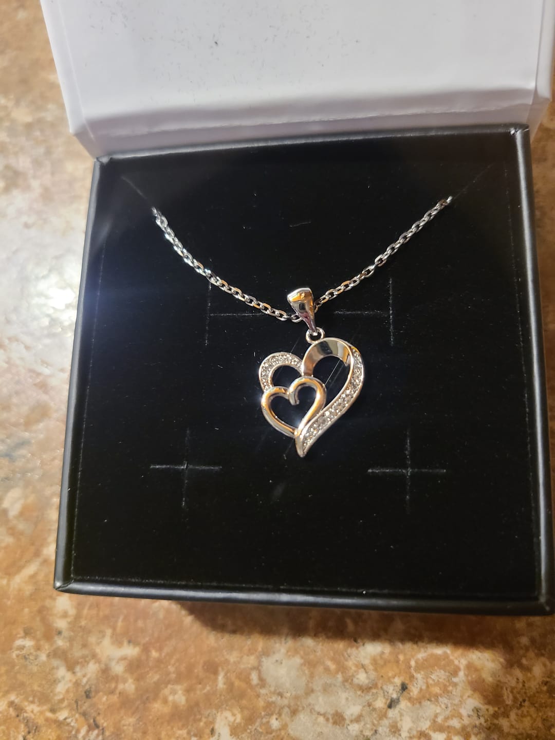 Customer photo review of Jennifer 18k White Gold Plated Double Heart Necklace with Swarovski Crystals
