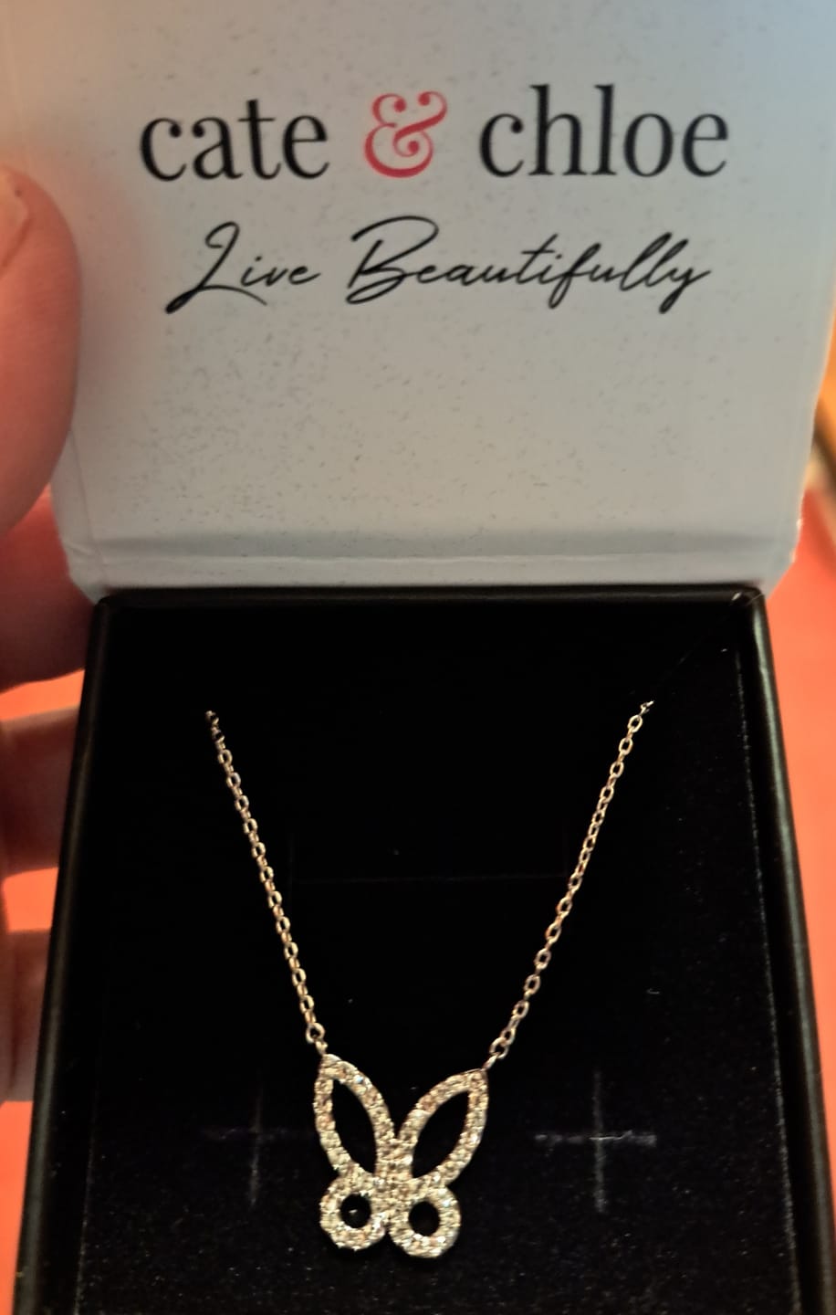 Customer photo review of Maxine 18k White Gold Plated Butterfly Necklace with Swarovski Crystals
