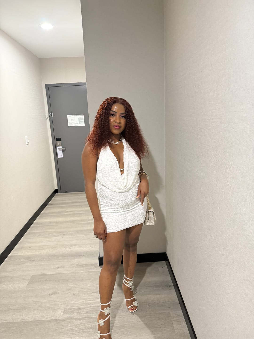 Customer photo review of Adelaide Mesh Pearl Mini Dress
