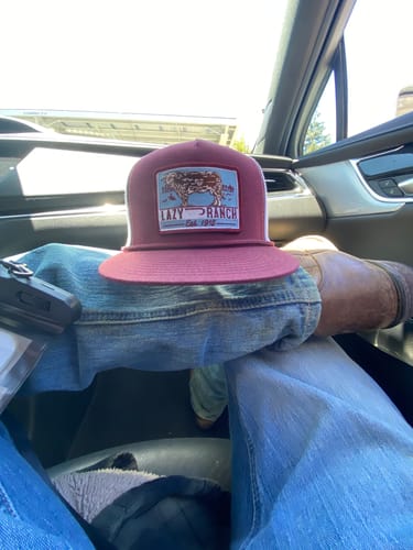 Customer photo review of Lazy J Ranch Maroon & White Blue Bull Trap Patch Classic Five Panel Trucker Hat