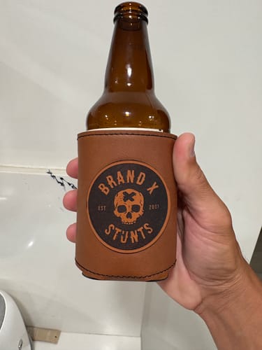 Customer photo review of Custom Leather Koozies Can Cooler Sleeves Neoprene Authentic Leather Patch