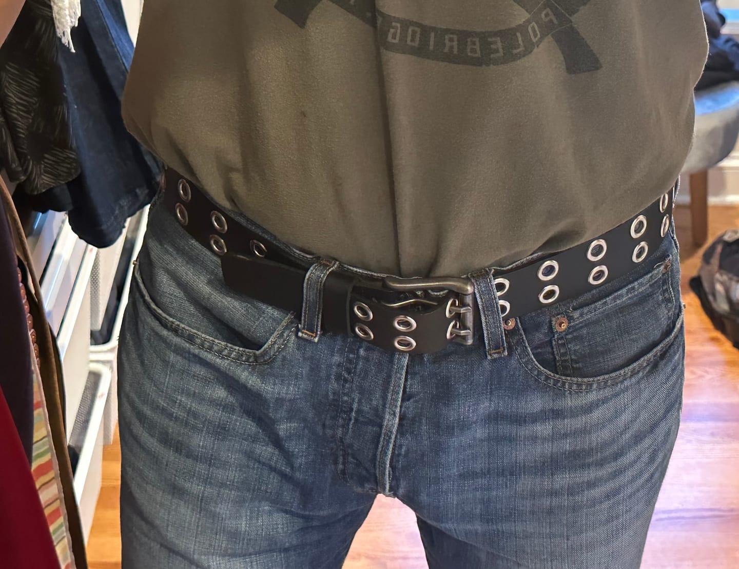 Customer photo review of The Brixton Belt - Black Double Grommet 100 % Full Grain Leather Belt