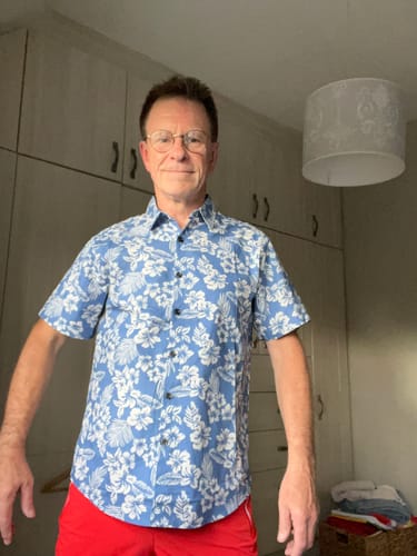 Customer photo review of Men's Blue Tropical Floral Plant Leaf Cotton Button Up Short Sleeve Aloha Resort Beach Shirt