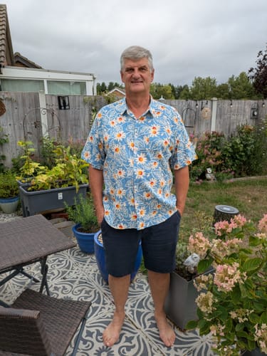 Customer photo review of Men's Retro Beach Hawaiian Cotton Holiday Button Up Blue Short Sleeve Floral Shirt