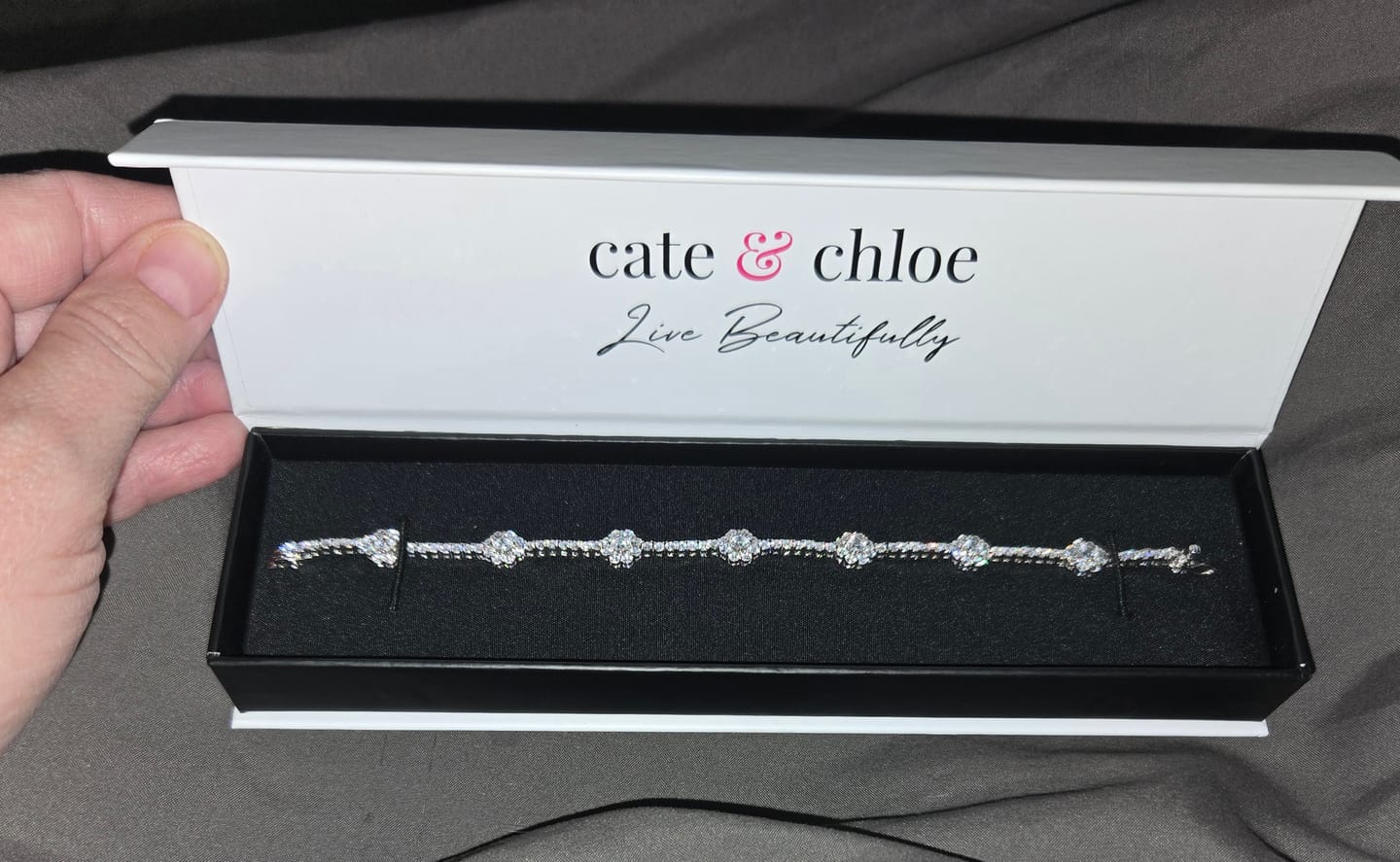 Customer photo review of Leah 18k White Gold Plated Tennis Bracelet with Simulated Diamond Crystals