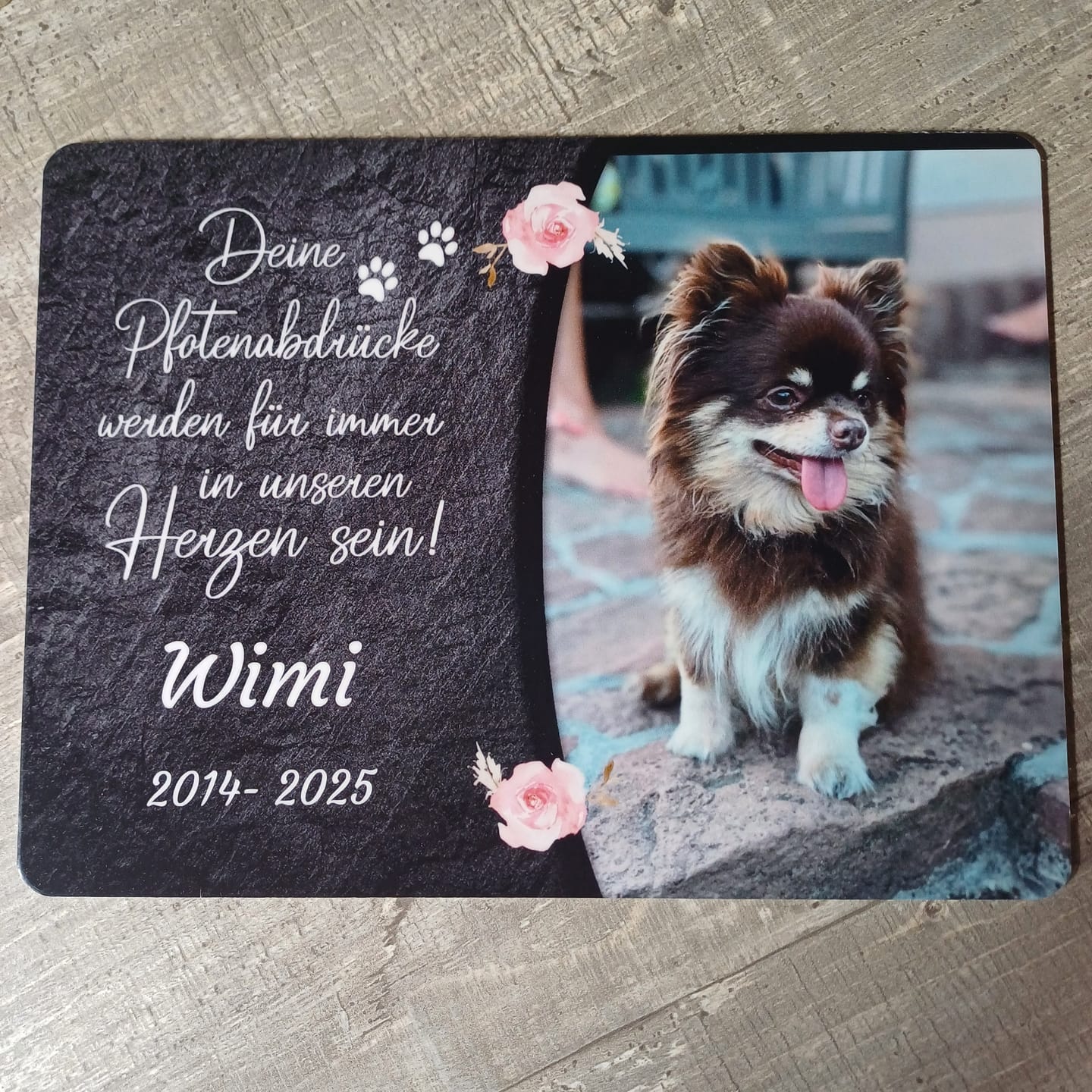 Customer photo review of Hunde Gedenktafel mit Foto & Spruch (UV- & Wetterfest)