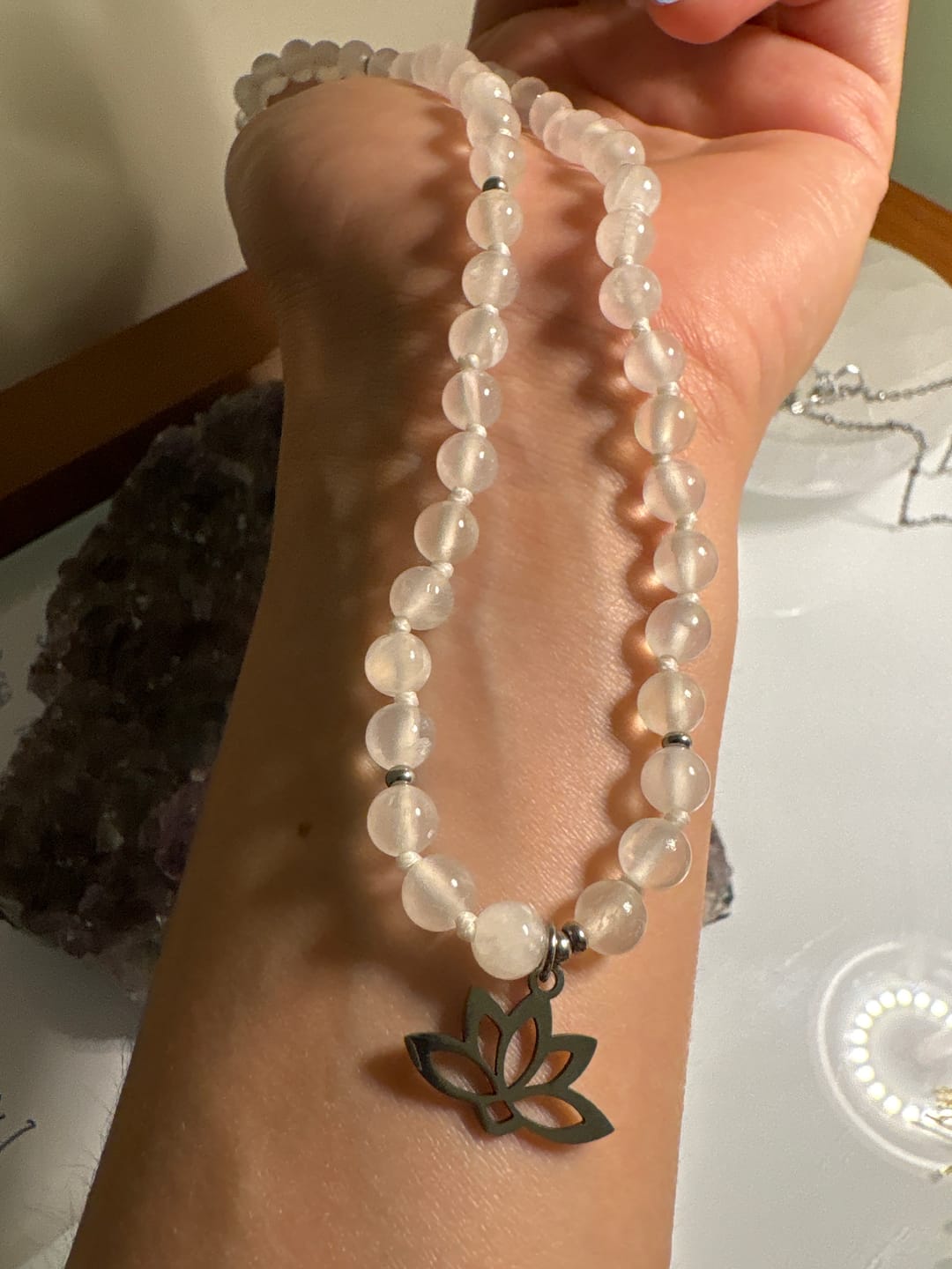 Customer photo review of Selenite and Lotus Necklace – Spiritual Jewelry for Clarity, Grace, and Awakening