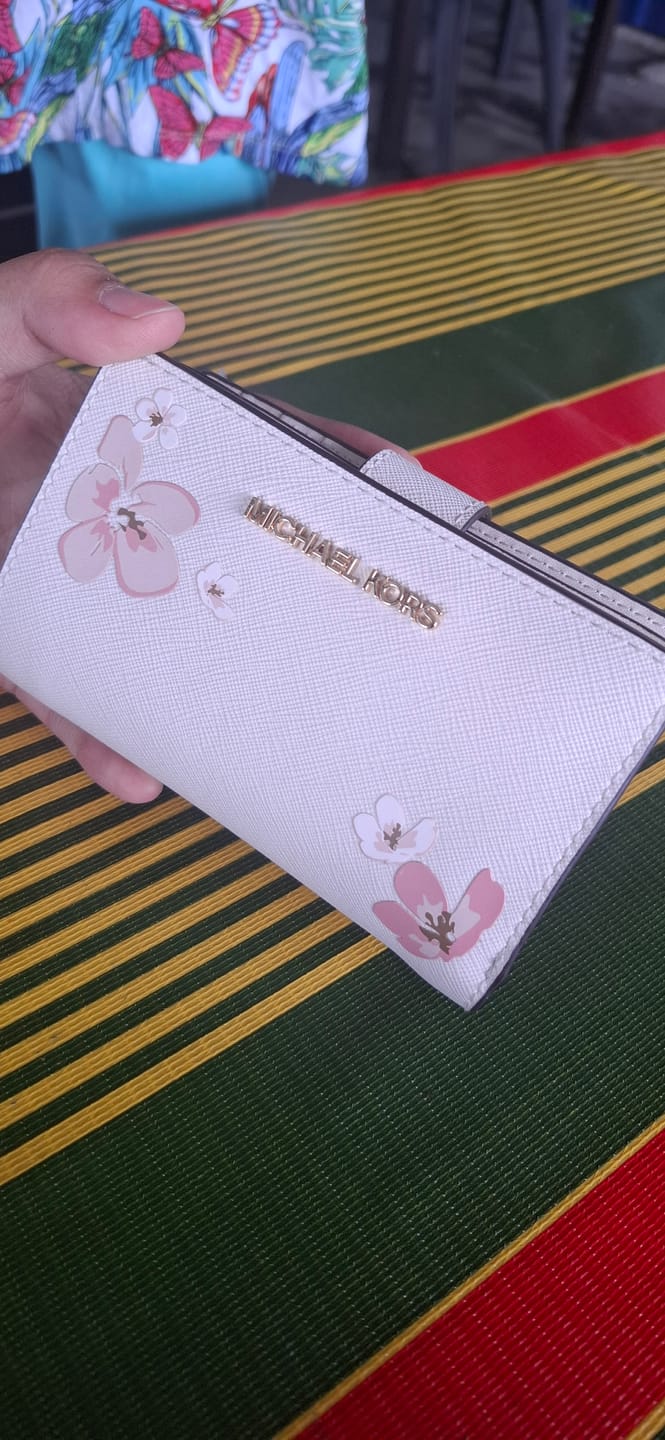 Customer photo review of Michael Kors Jet Set Travel Medium Floral Embellished Bifold Zip Corner Wallet In Lt Cream