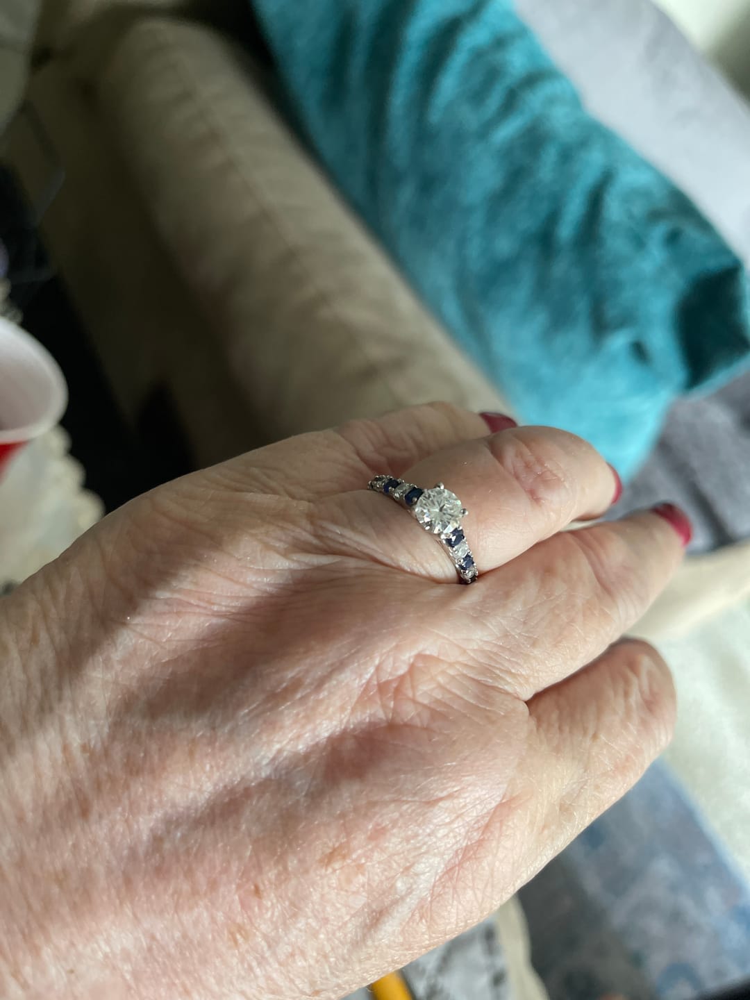 Customer photo review of Round Moissanite With Sapphire Pave Engagement Ring