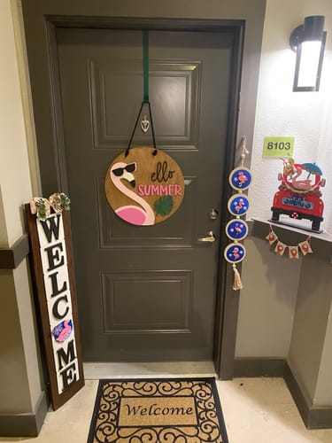 Customer photo review of Unfinished Wood Summer Flamingo Door Sign Kit | Wood Craft Cutouts | 1/4" Thick |