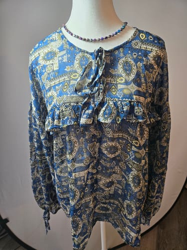 Customer photo review of WOMEN'S LONG SLEEVE TIE NECK MULTI PRINT BLOUSE