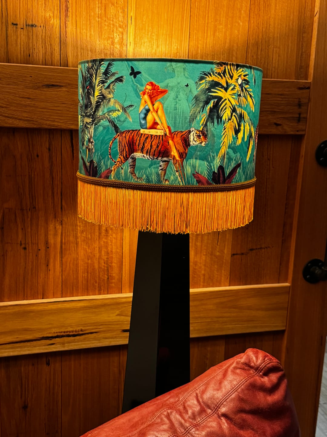 Customer photo review of Queen K Jungle Walk Green Tassel Fringed Drum Lampshade