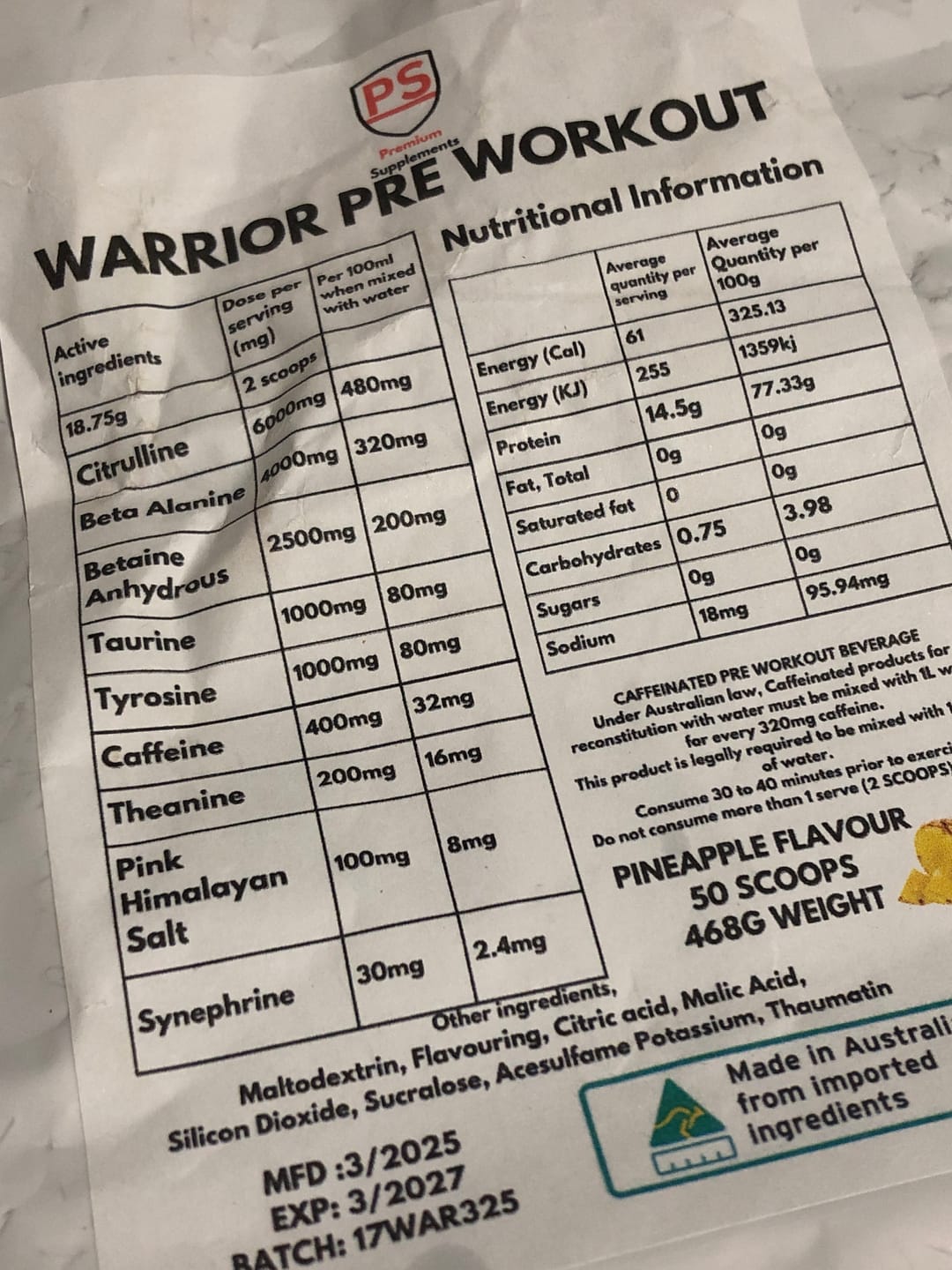 Customer photo review of Warrior High-Stimulant Pre-workout