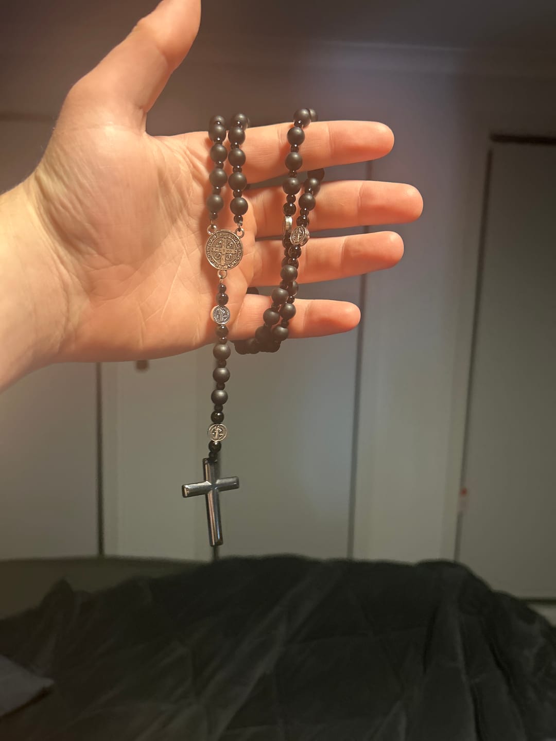 Customer photo review of Christianartworkshop St. Benedict Medal & Cross of 8 mm Round Black Multi-material Nylon Cord Rosary