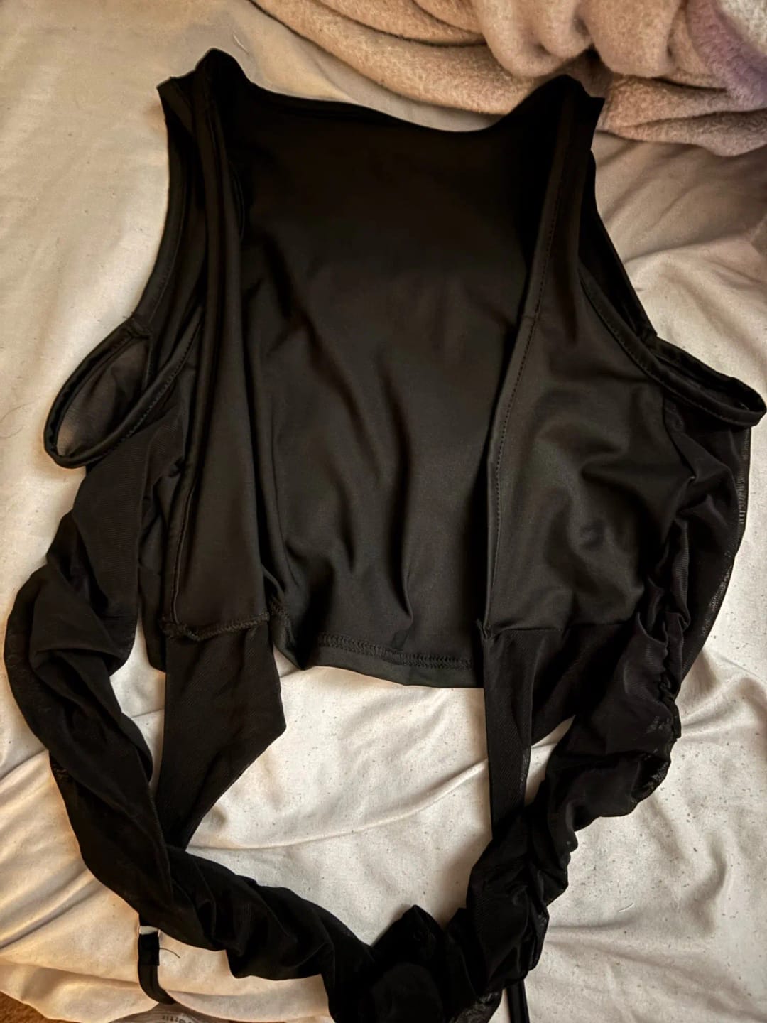 Customer photo review of Lace-Up Bandage Knit Crop Top With V-Neck Cut-Out Long Sleeve And Subtle Sheen — Black | KIMLUD