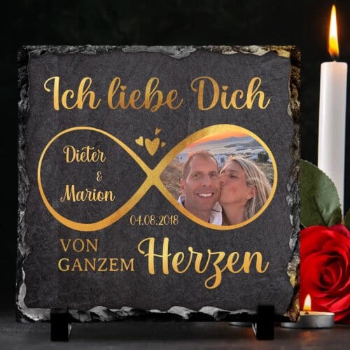 Customer photo review of Alles an dir - Personalisierte Schieferplatte für Paare mit Unendlichkeitszeichen und Foto