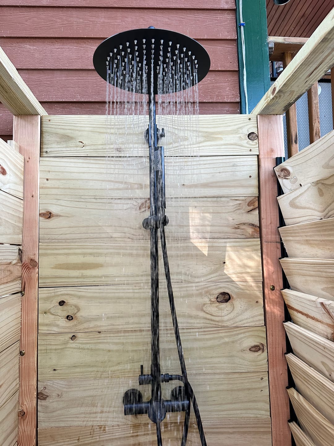 Customer photo review of Outdoor Shower Fixture with 304 Stainless Steel 10” Rainfall Shower Head and Adjustable Slide Bar