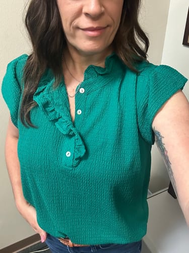 Customer photo review of Textured Ruffle Accented Button Top Blouse