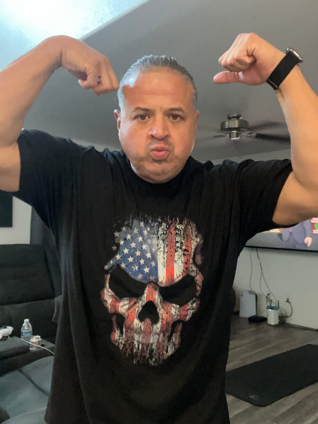 Customer photo review of USA Flag Skull T-Shirt