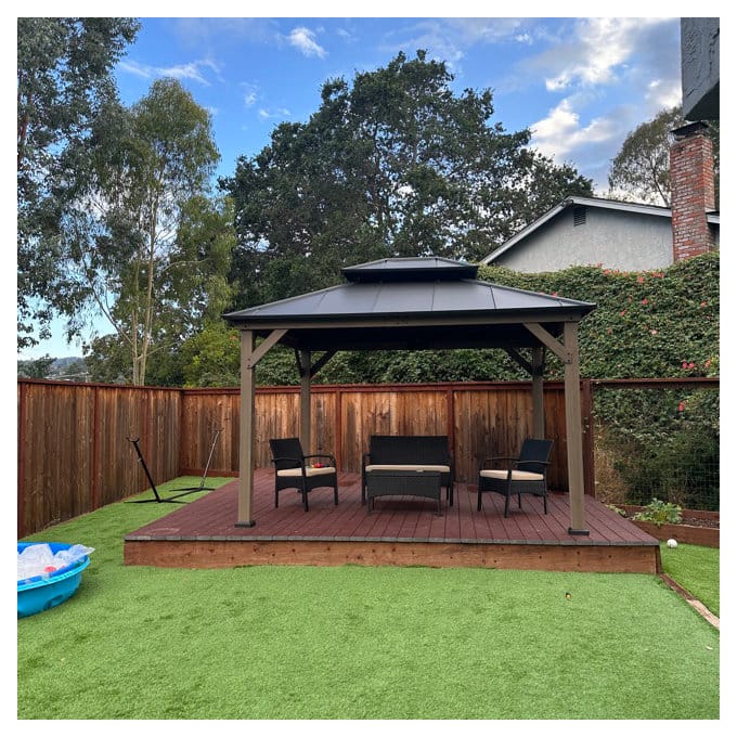 Customer photo review of SUNJOY 10x12 Outdoor Cedar Framed Wooden Gazebo with 2-Tier Metal Roof and Ceiling Hook - Weathered Cedar