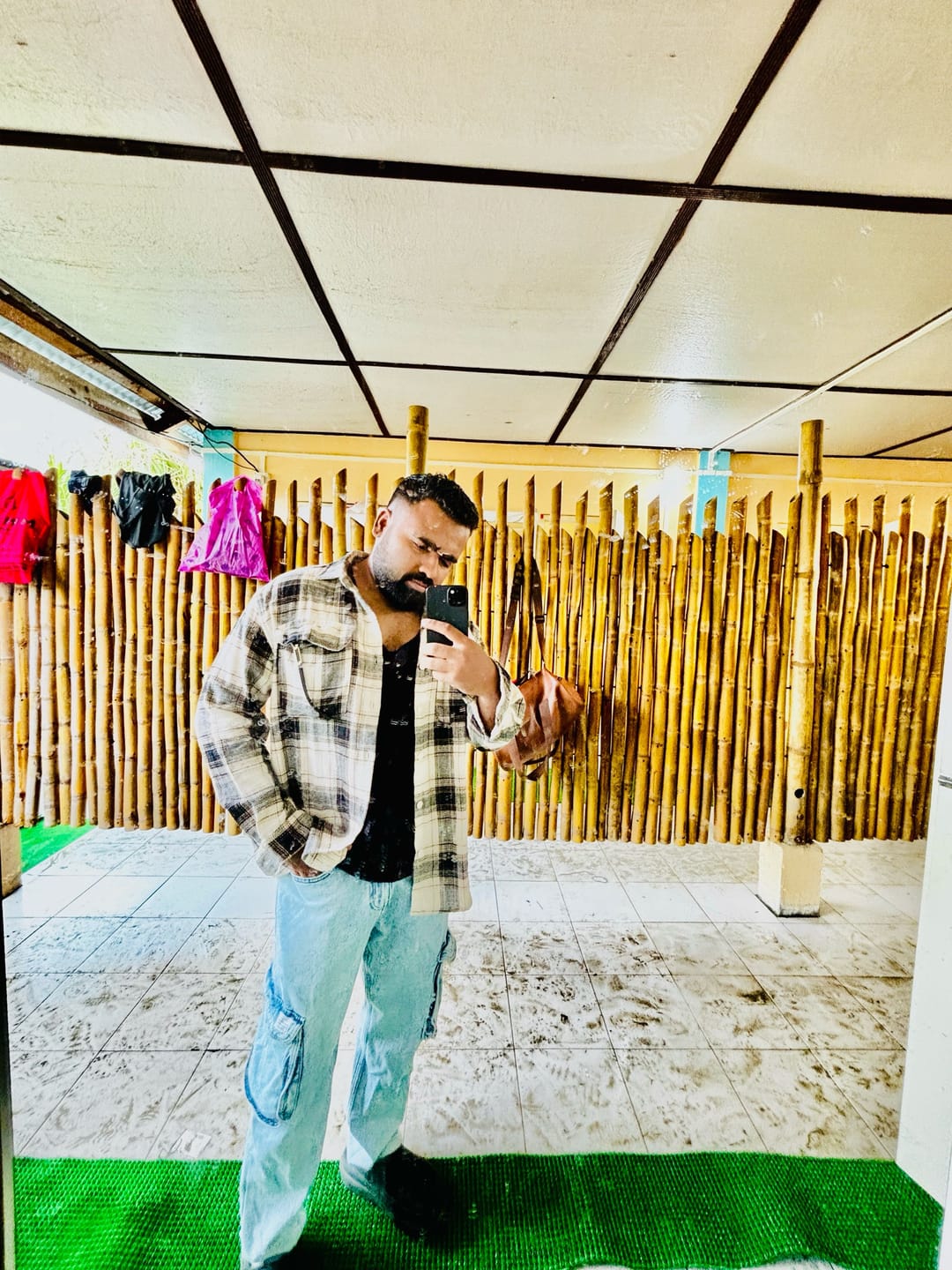 Customer photo review of Cream Checked Structured Oversize Drop Shoulder Shirt