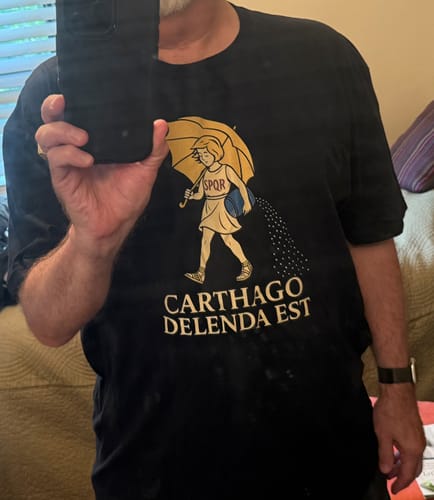 Customer photo review of Carthago Delenda Est Morton's Salt Parody Logo T-Shirt