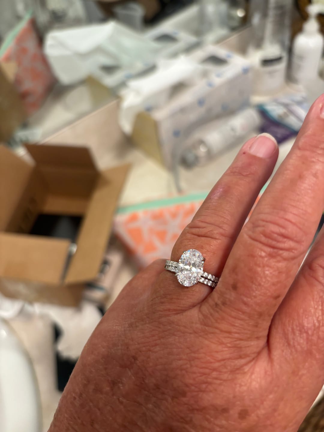 Customer photo review of S925 4.0 Carat Oval Cut Wedding Ring Set With Hidden Halo Promise Ring Classic Half Wedding Band