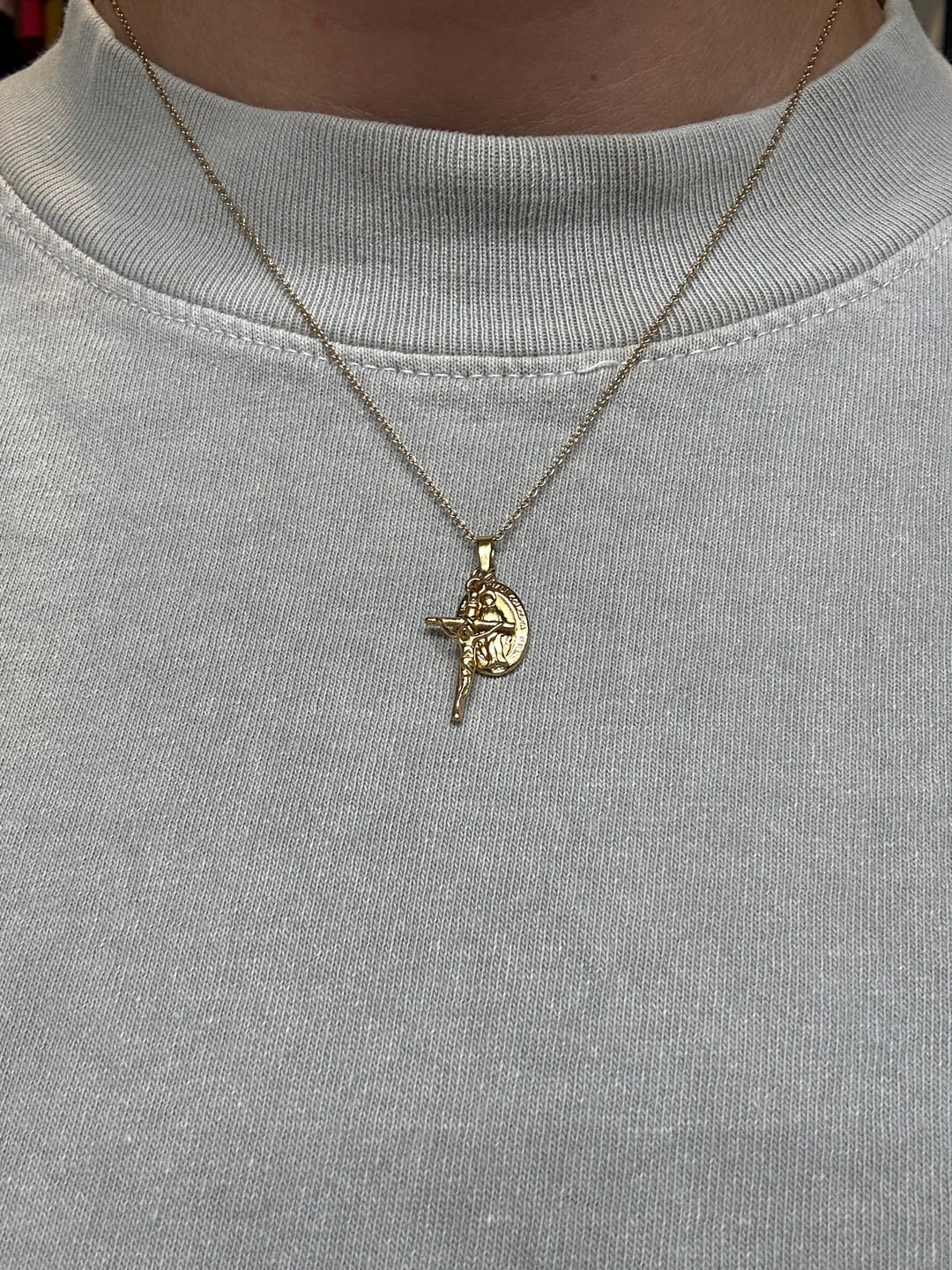 Customer photo review of Gold Dainty Crucifix and Miraculous Medal Necklace