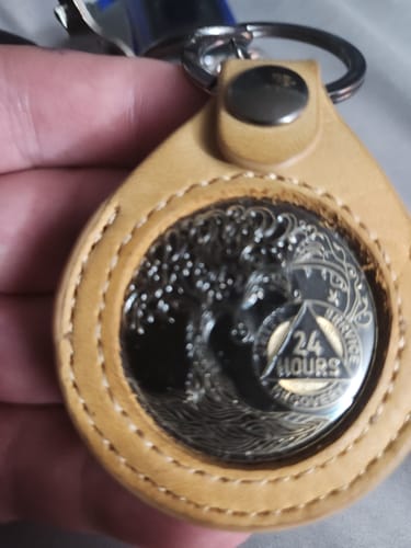 Customer photo review of 24 Hours Sobriety Mint Twisted Tree of Life Gold Plated AA Recovery Medallion - Twenty-Four Hours Chip/Coin - Black