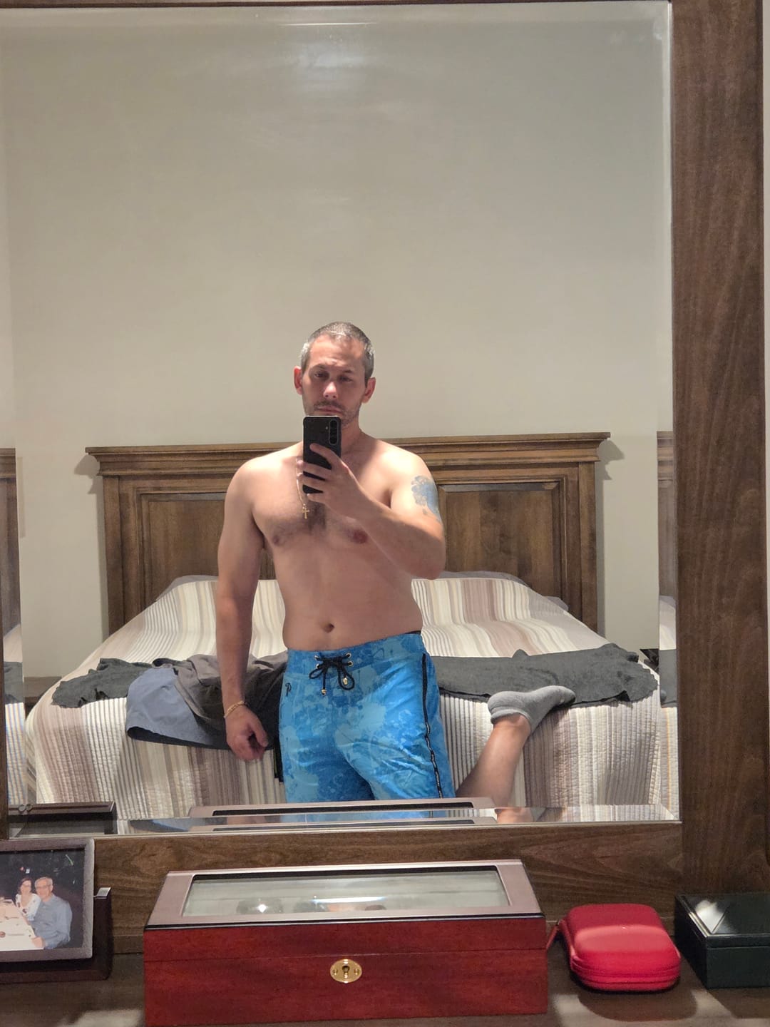 Customer photo review of Splatter Swim Shorts Blue - 5"