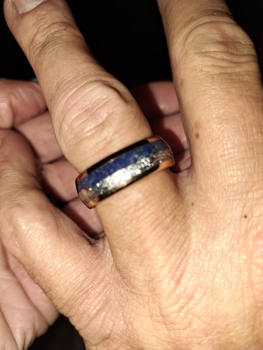 Customer photo review of 8mm- ROSE GOLD TUNGSTEN ARROW RING W/ BLUE LAPIS LAZULI, FAUX METEORITE,