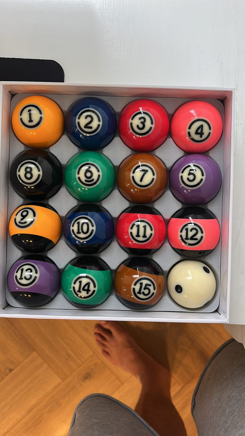 Customer photo review of Cue-King Premium Black Edition Pool Balls with Spotted Cue Ball, 2” UK Size