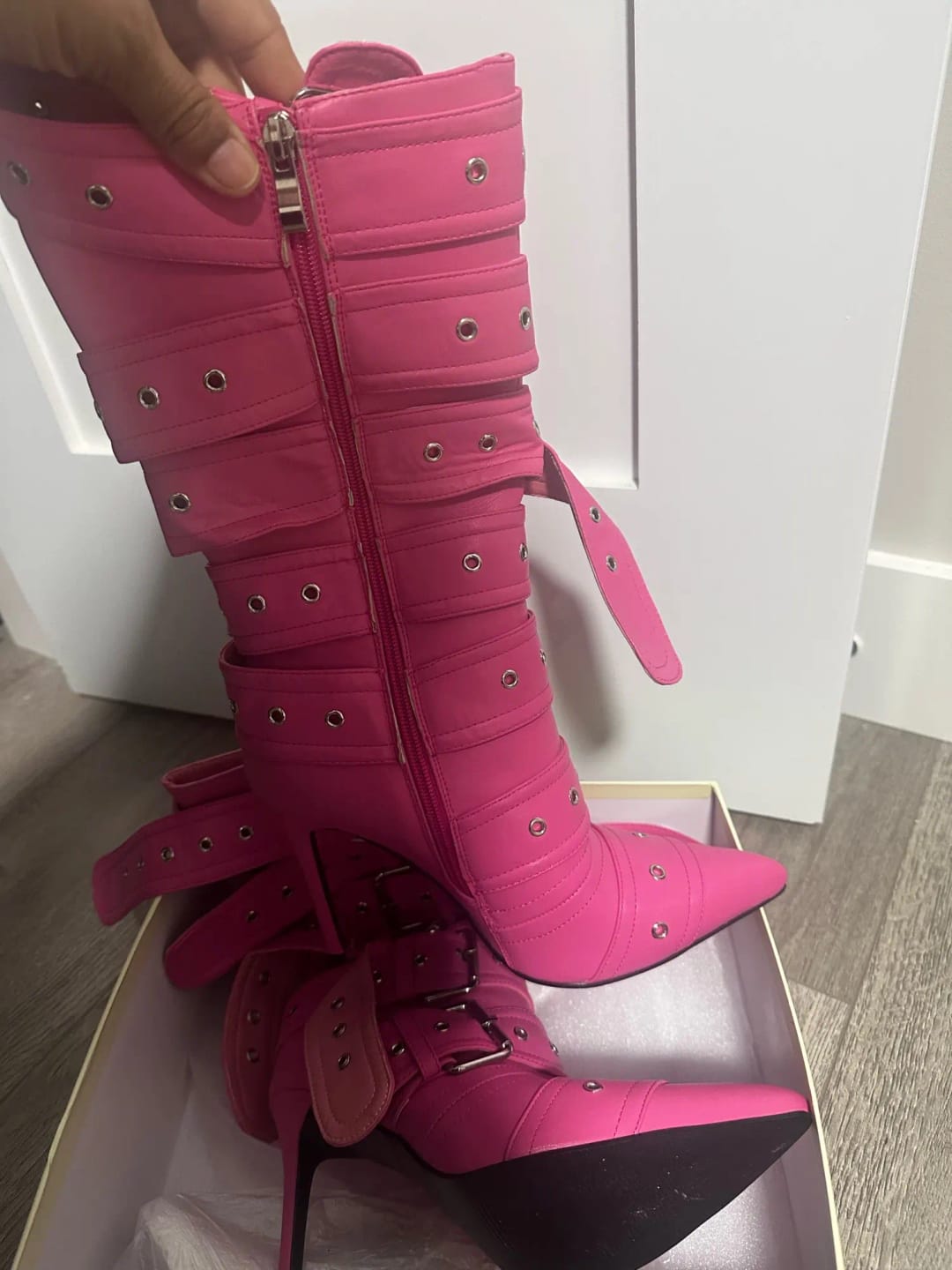 Customer photo review of Synthetic Boots Pointed Toe Mid-Calf Buckle Strap High Heel — Black | KIMLUD