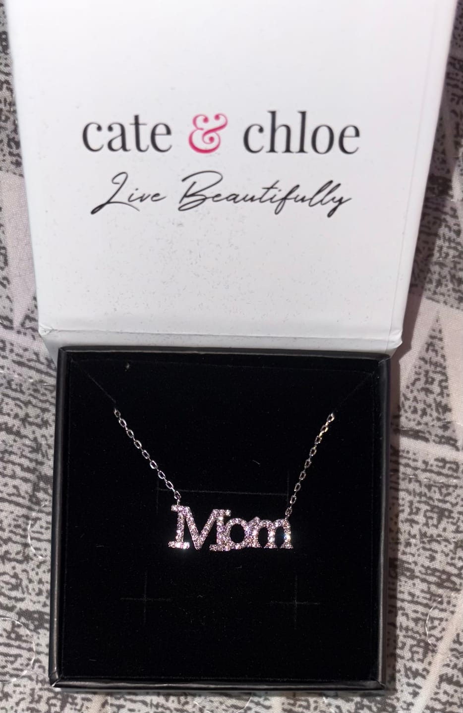 Customer photo review of Carrie 18k White Gold Plated Mom Necklace with Swarovski Crystals