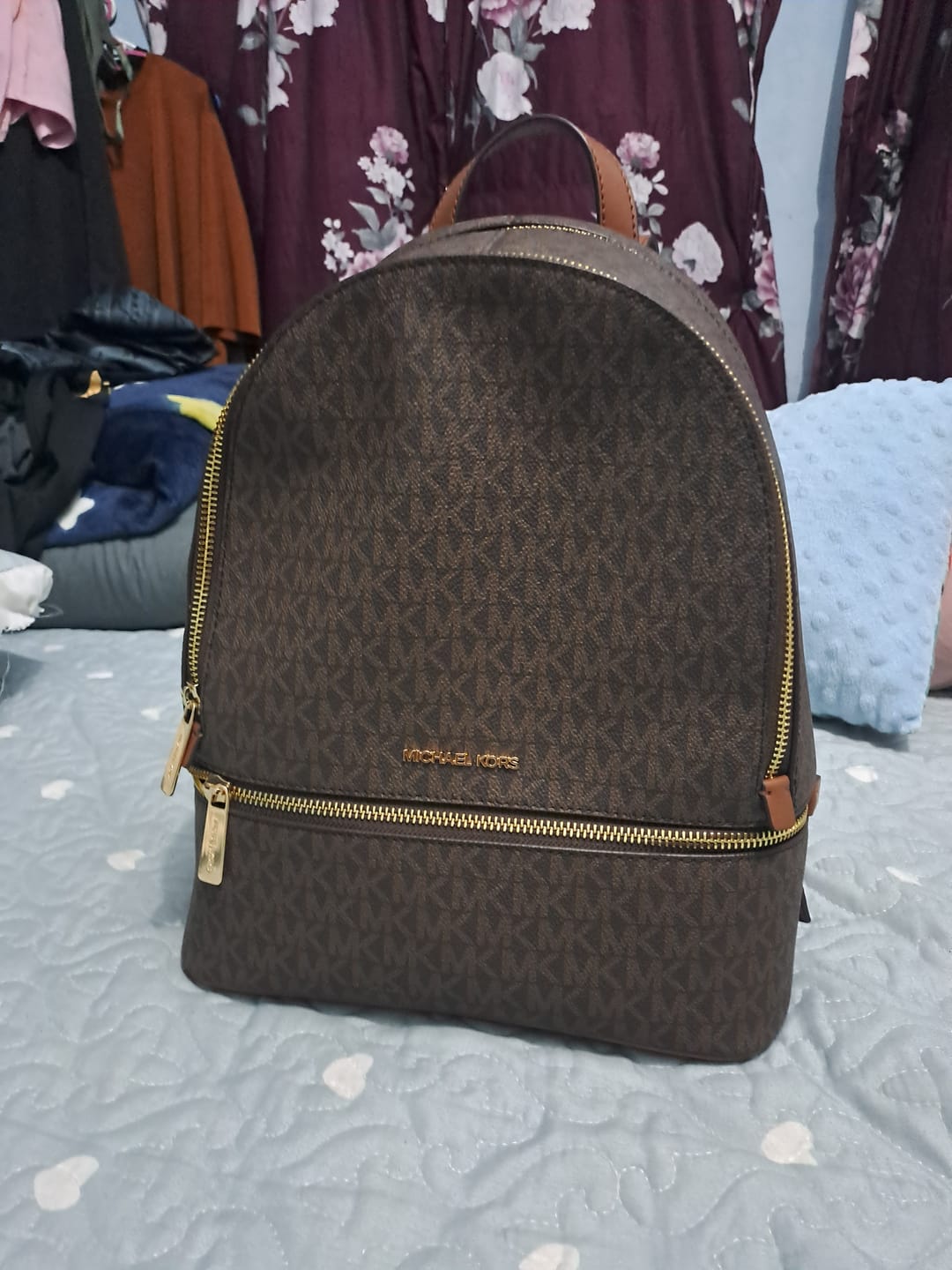 Customer photo review of Michael Kors Rhea Medium Signature Logo Backpack In Brown