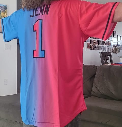 Customer photo review of Custom Royal White-Red Classic Style Authentic Two-Button Softball Jersey