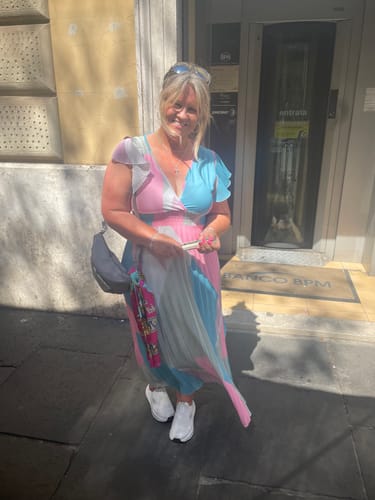 Customer photo review of Margery Pink Pleated Wrap Dress