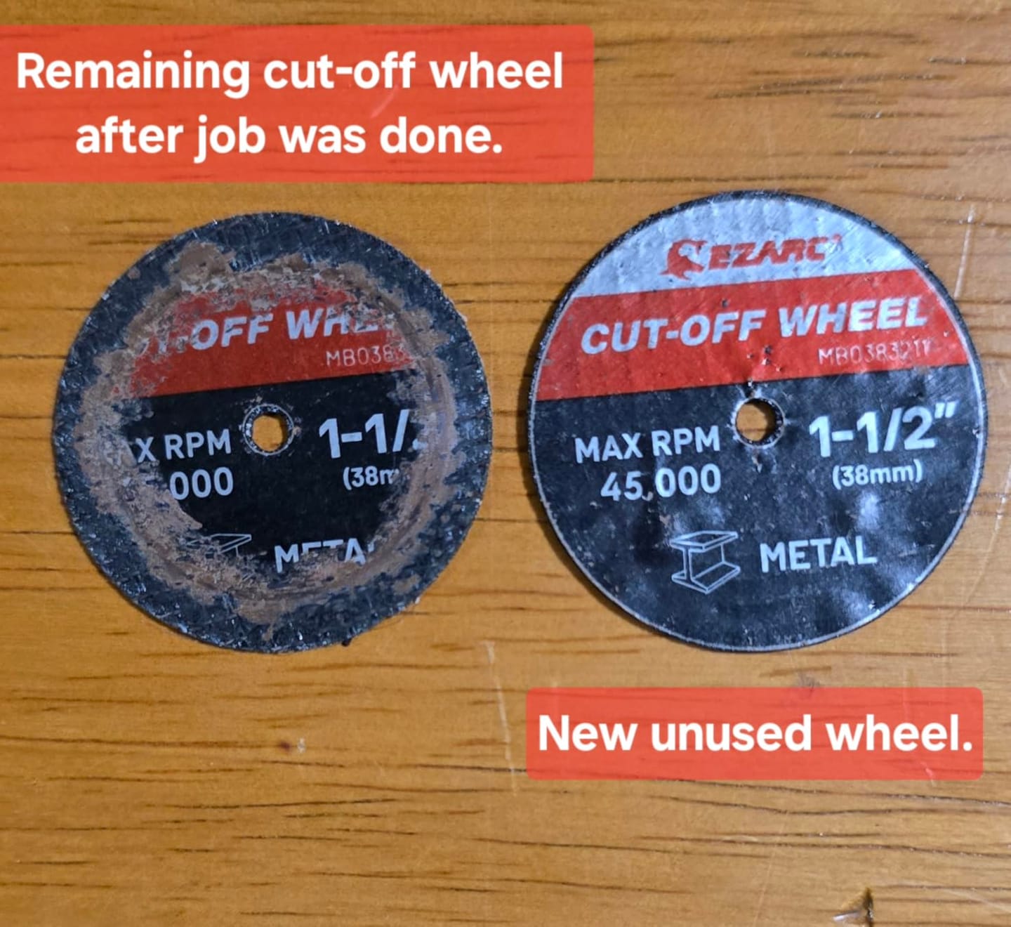 Customer photo review of 1-1/2 Fiberglass Reinforced Cutting Disc For Hardened Steel, Aluminum, Plastic