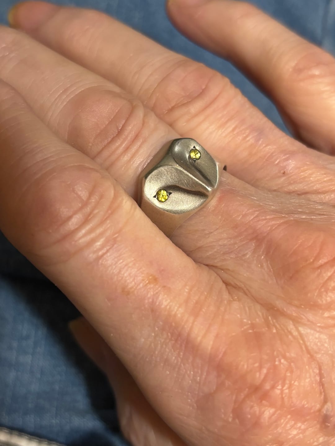 Customer photo review of Owl Ring with Sapphire Eyes
