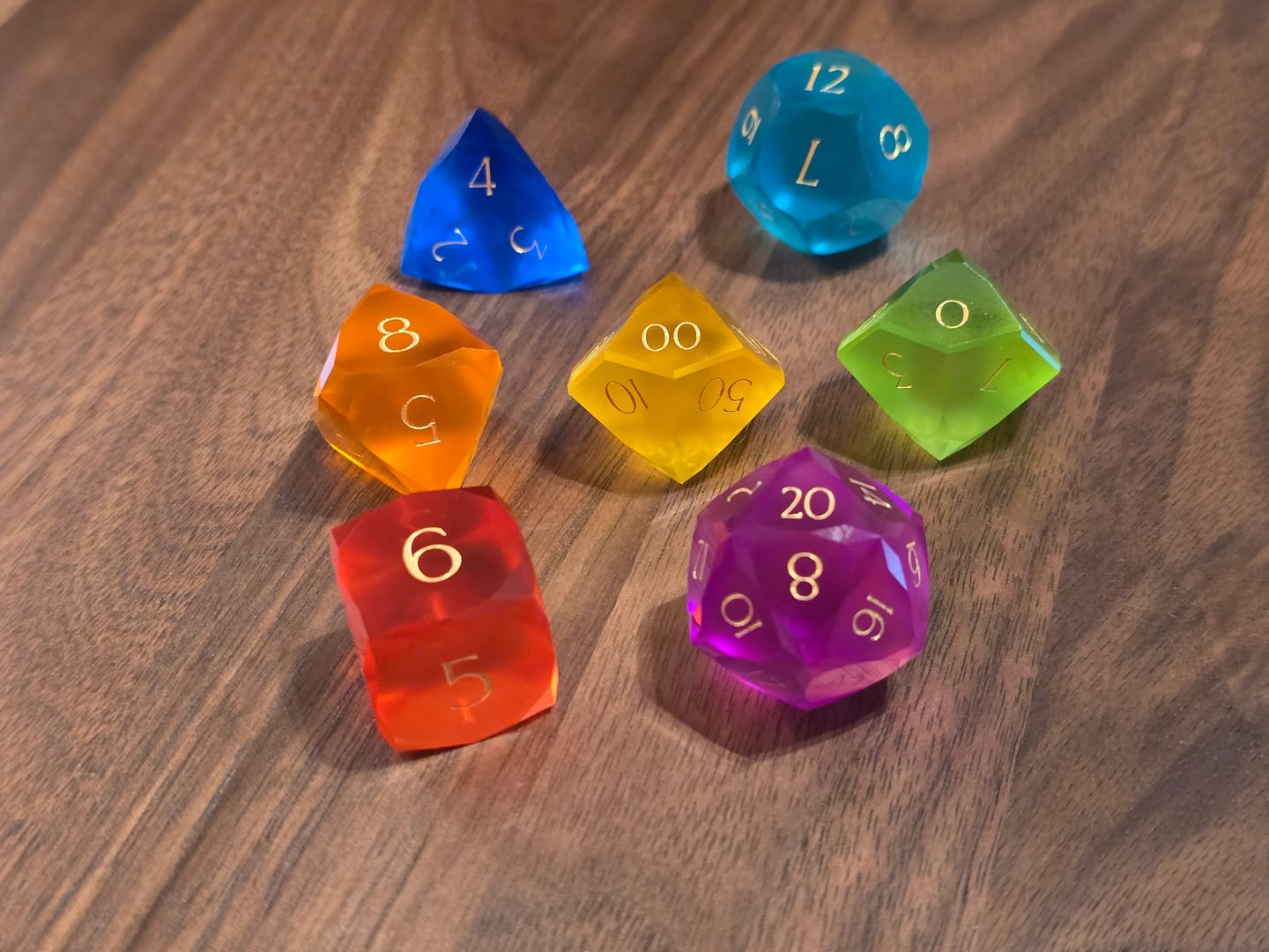 Customer photo review of URWizards D&D Resin Rainbow Candy Engraved Dice Set Multi-faceted Style