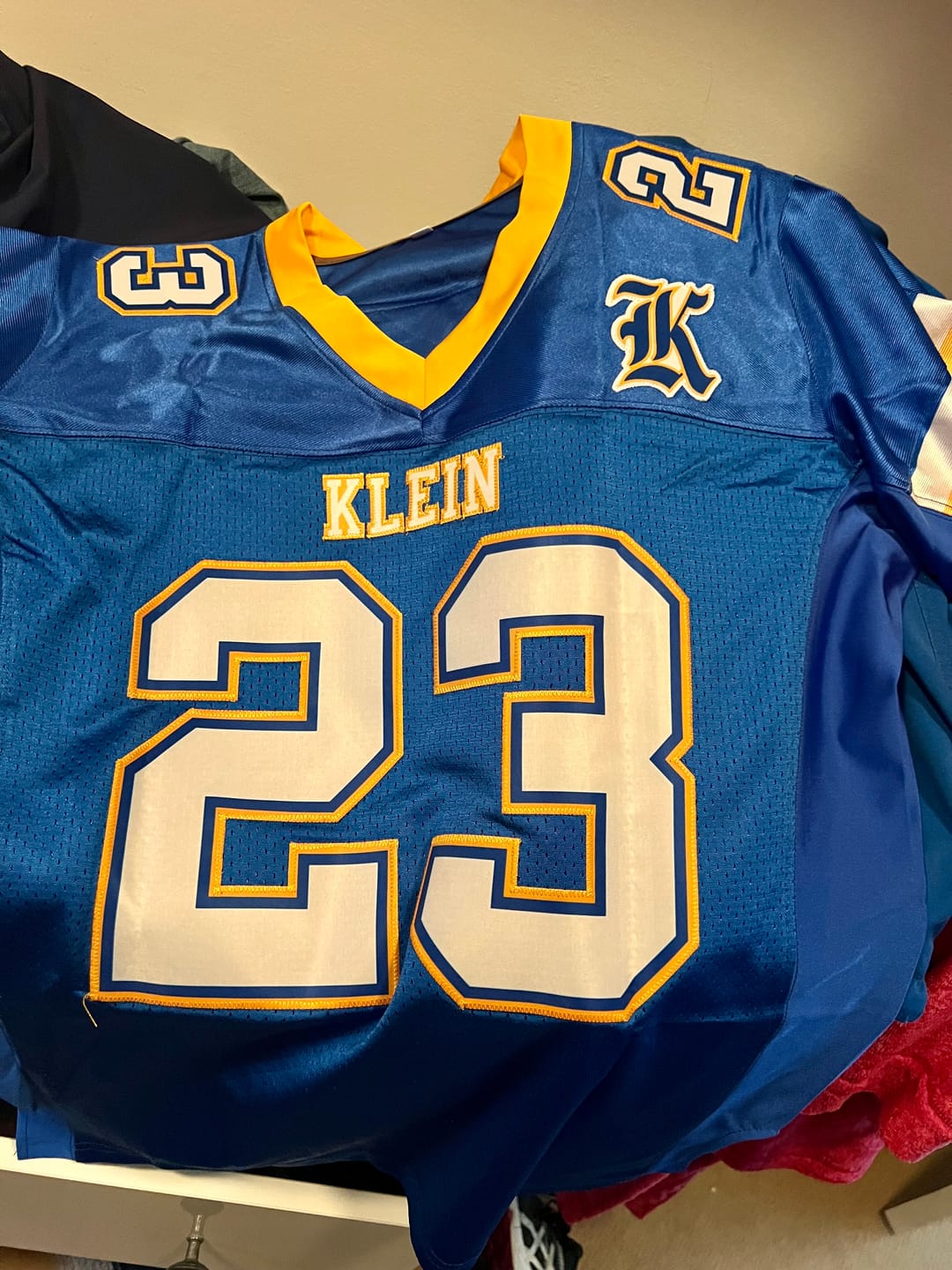 Customer photo review of Custom Royal White-Yellow Classic Style Mesh American Football Jersey