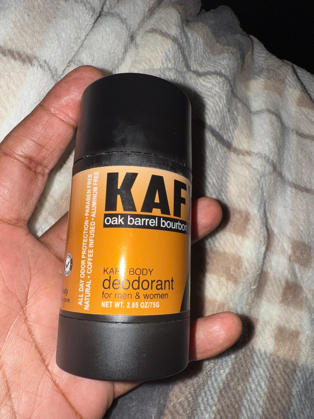 Customer photo review of Oak Barrel Bourbon KAFX Body Natural Coffee Infused Deodorant