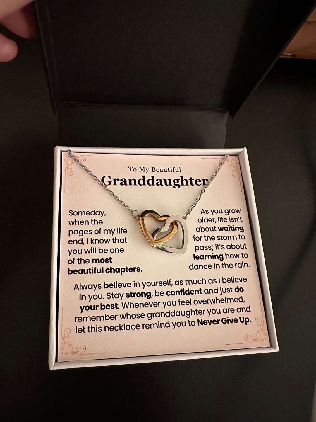 Customer photo review of To My Granddaughter – Never Give Up Interlocking Hearts Necklace (GD110)