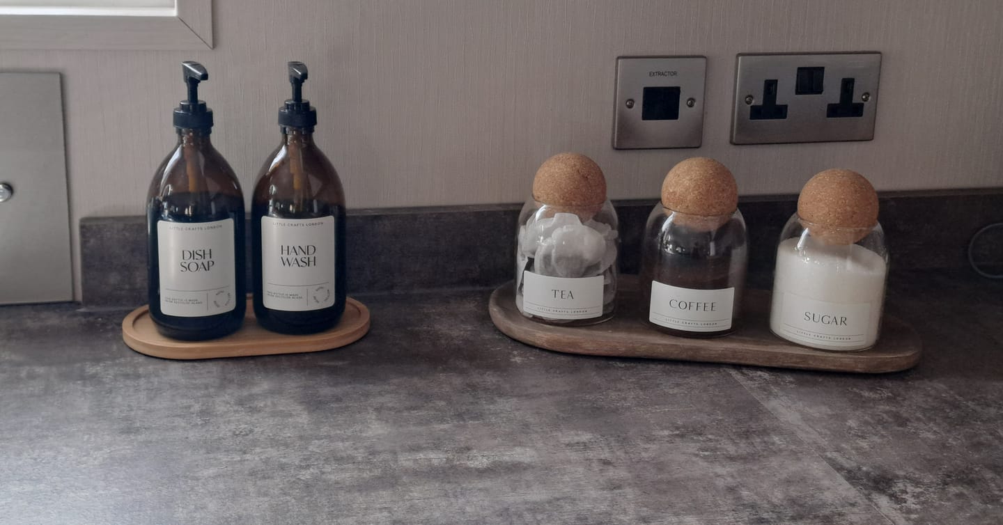 Customer photo review of Set of 2 Amber Glass Bottles (Black Plastic Pump) & Bamboo Tray