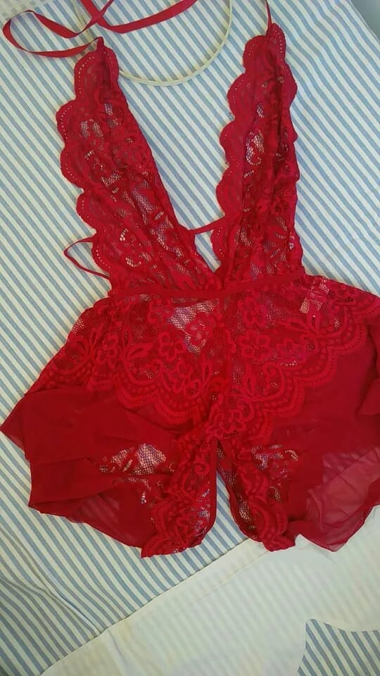 Customer photo review of Boudoir Flare Lace Crotchless Bodysuit