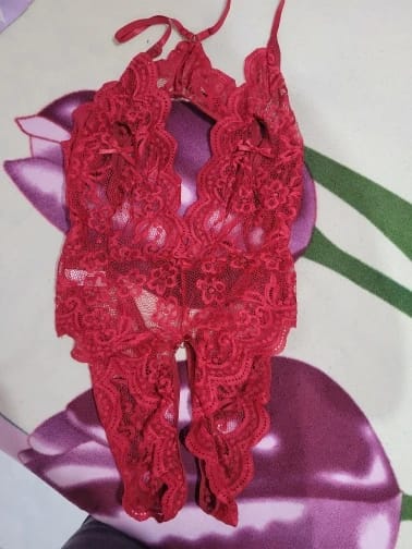 Customer photo review of Boudoir Flare Lace Crotchless Bodysuit