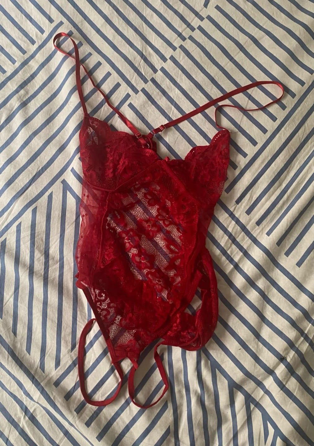 Customer photo review of Lustrous Floral Lace Crossback Crotchless Bodysuit