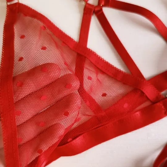 Customer photo review of Crimson Polka Dot Mesh Lingerie Set