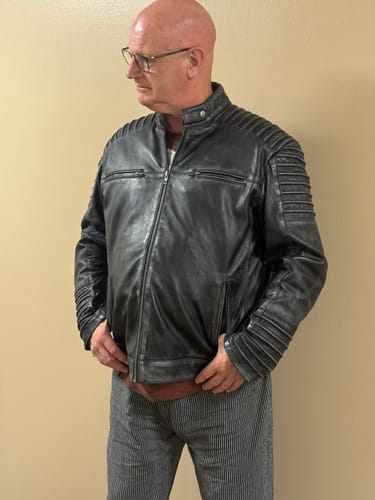 Customer photo review of Cafe racer distressed jacket with piping